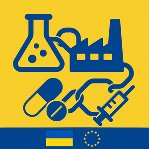AI-generated symbol image in yellow and blue colors showing a supply chain for pharmaceutical products and the Ukrainian and European flags.