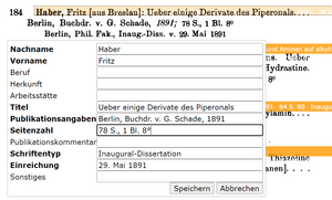Eintrag der Dissertation von Fritz Haber in der Bearbeitungsmaske